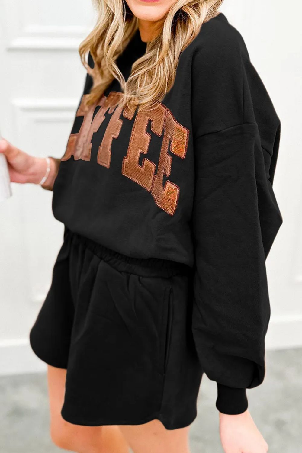 Preorder: COFFEE Sequin Round Neck Long Sleeve Top and Shorts Set Loungewear