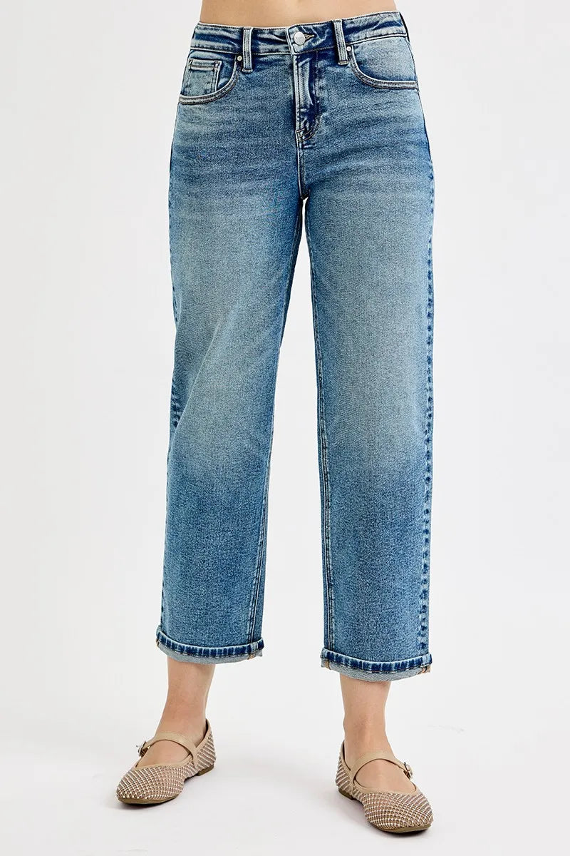 RISEN Medium Washed High Rise Crop Boyfriend Jeans MEDIUM