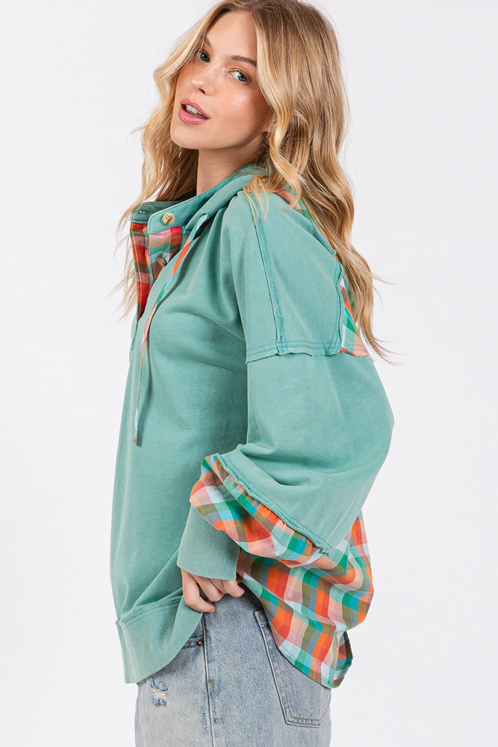 SAGE + FIG Eucalyptus Plaid Print Washed Hoodie Shirts & Tops