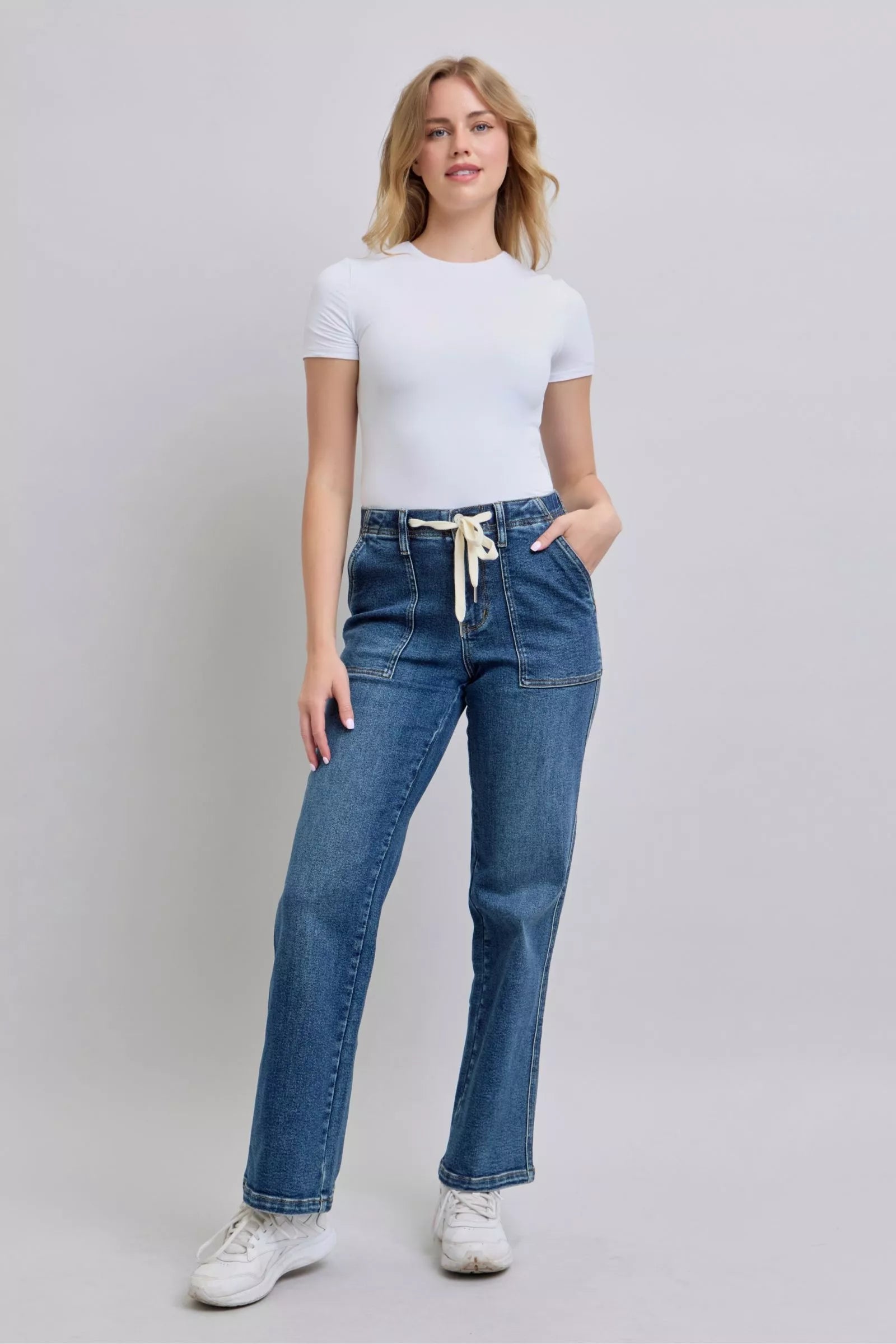 Judy Medium Washed Blue Drawstring Straight Jeans with Pockets