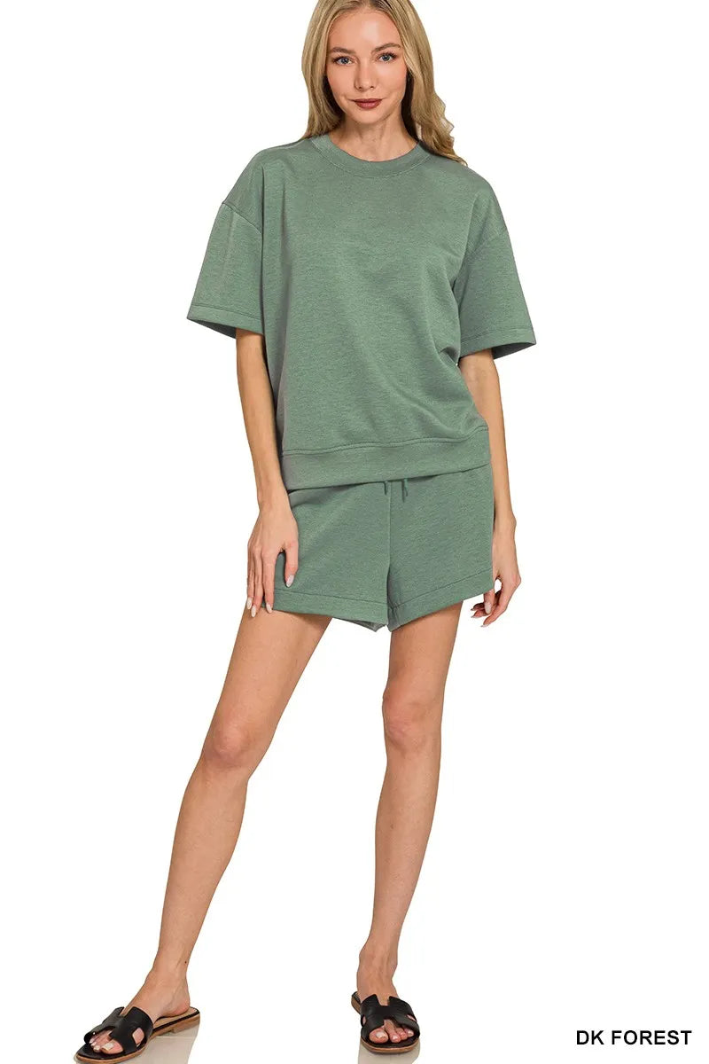 Zenana Dark Forest Scuba Short Sleeve Top & Shorts Set
