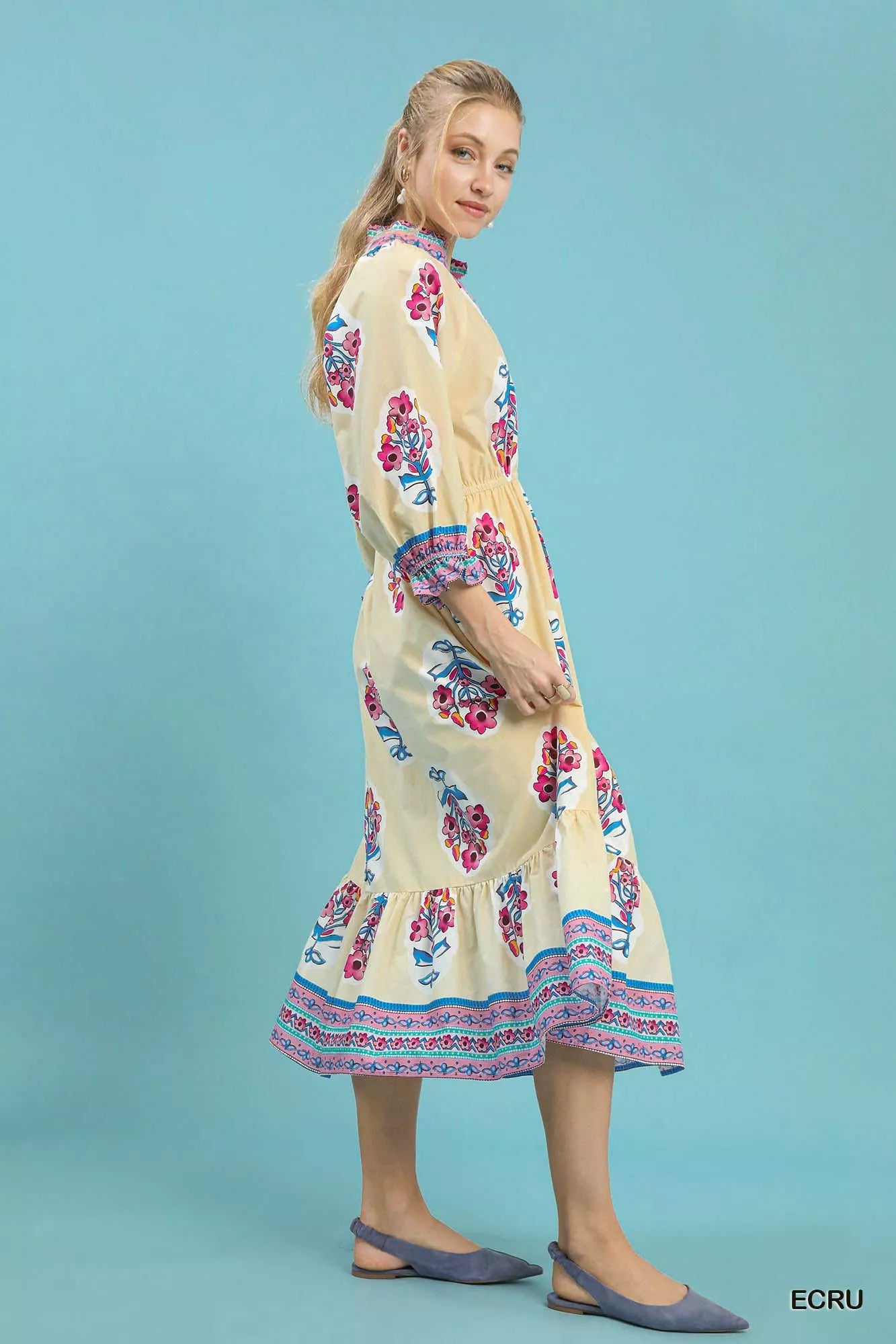 Umgee Ecru Flower Patch Border Print Midi Dress