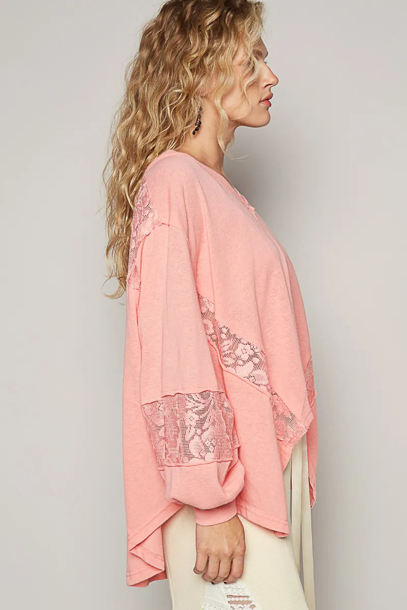 POL V-Neck Long Sleeve T-Shirt with Lace Detail