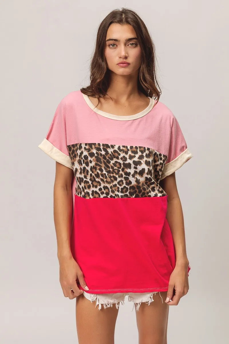 BiBi Pink and Fuchsia Leopard Printed Jersey Color Block Roll Up