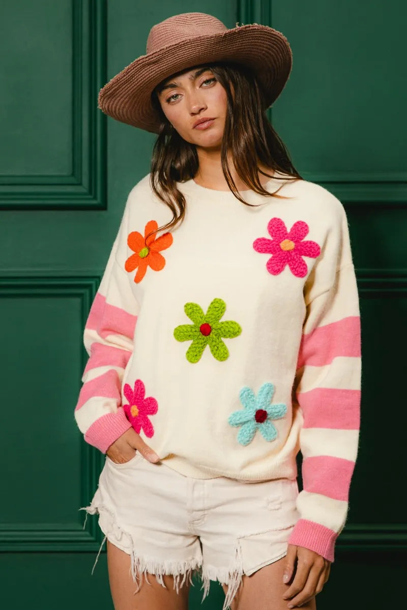 BiBi Oatmeal Colorful Floral Patched Sweater with Striped Sleeve