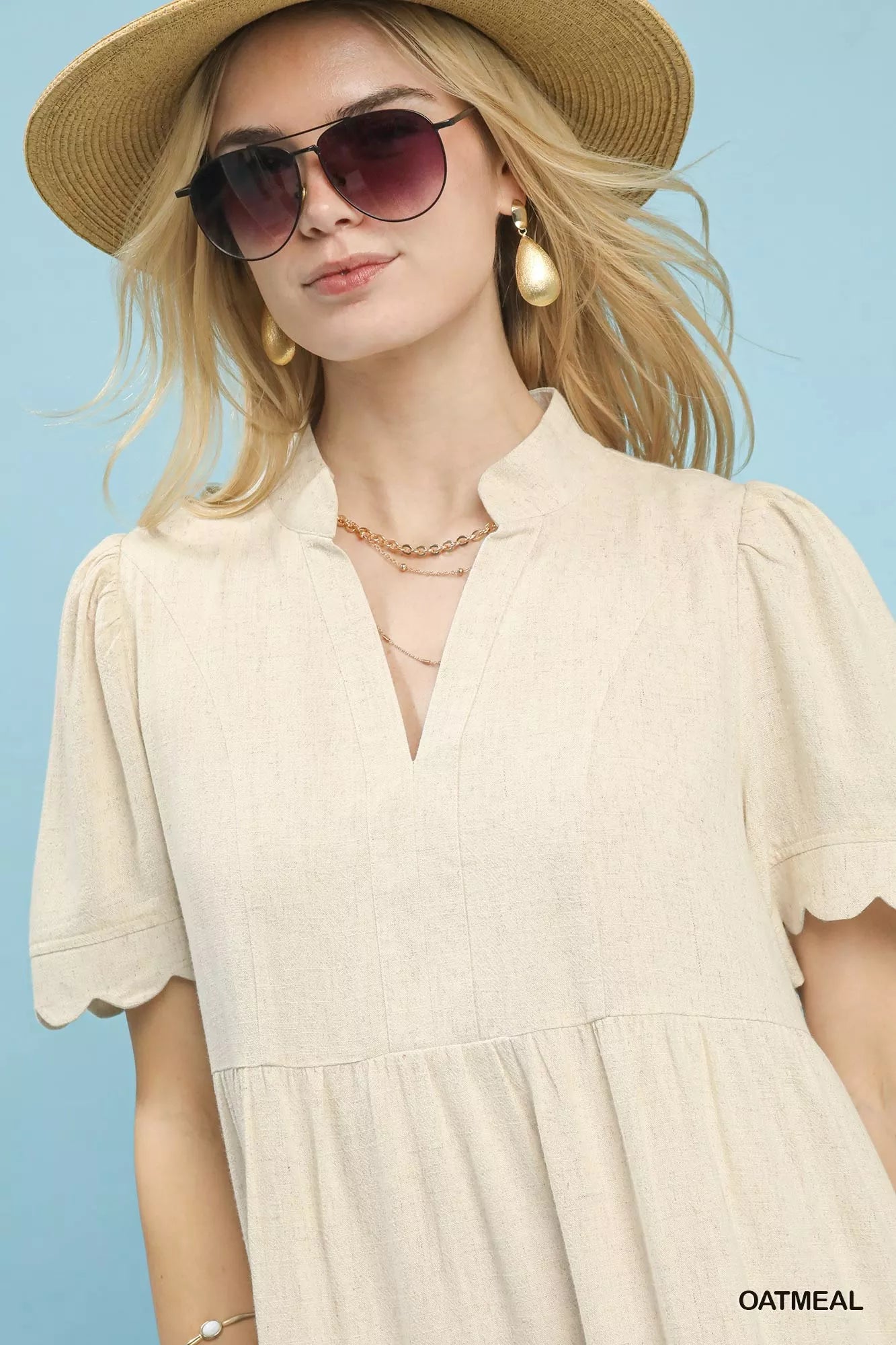 Umgee Oatmeal Linen Tiered Babydoll Dress with Scalloped Sleeves