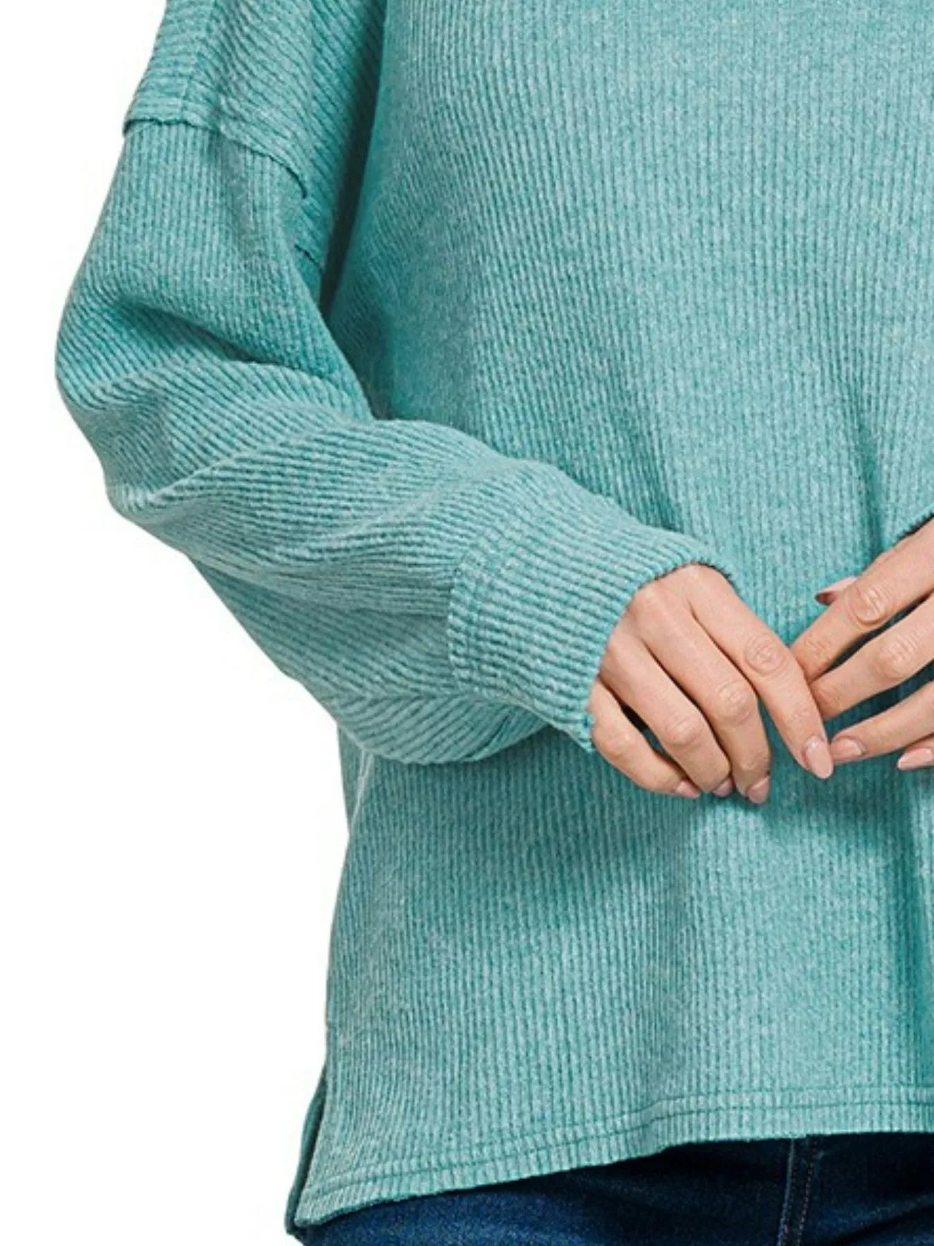 Zenana Dusty Teal Brushed Ribbed Hacci Drop Shoulder Sweater