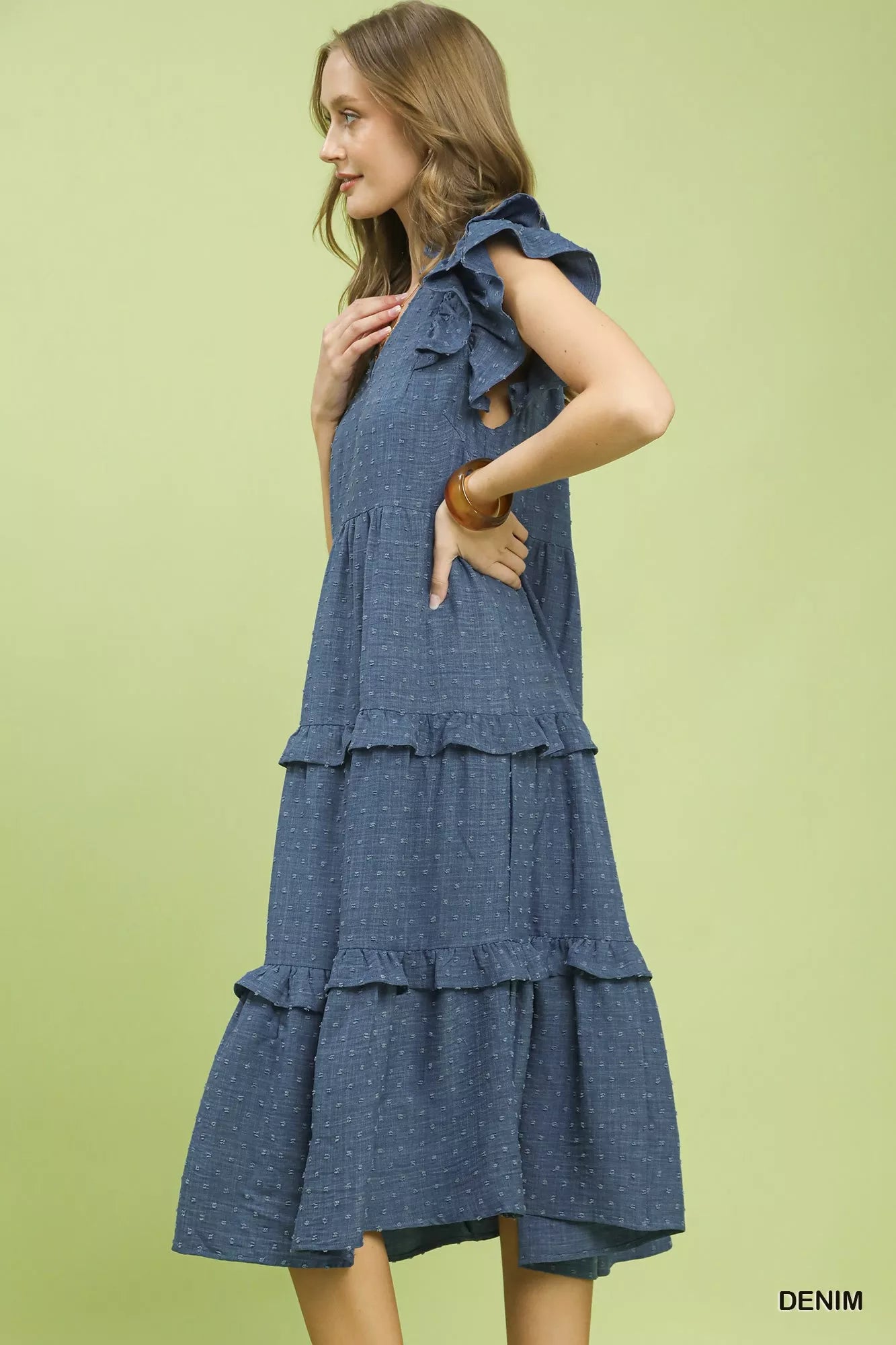 Umgee Denim Textured Ruffle Sleeve Tiered Midi Dress