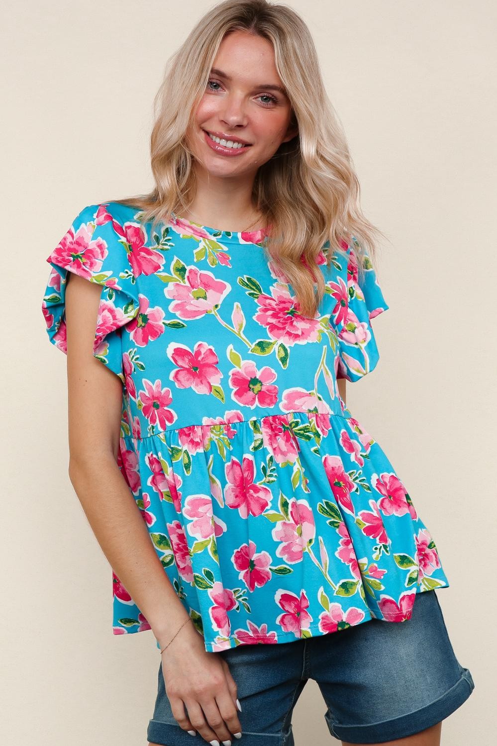 Haptics Aqua Floral Butter Smooth Knit Top with Ruffle Sleeves