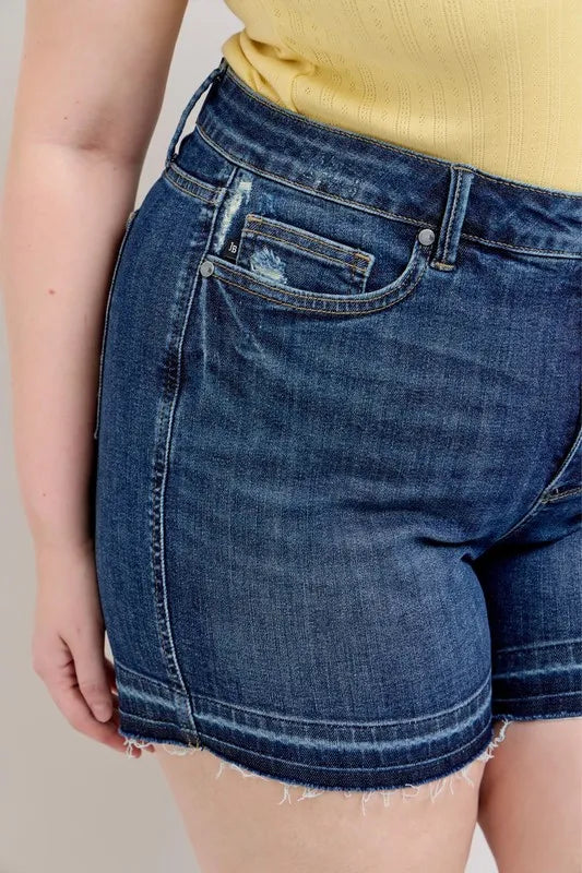 Judy Blue Plus Size Dark Washed HW Tummy Control Destroy Release Hem Denim Shorts