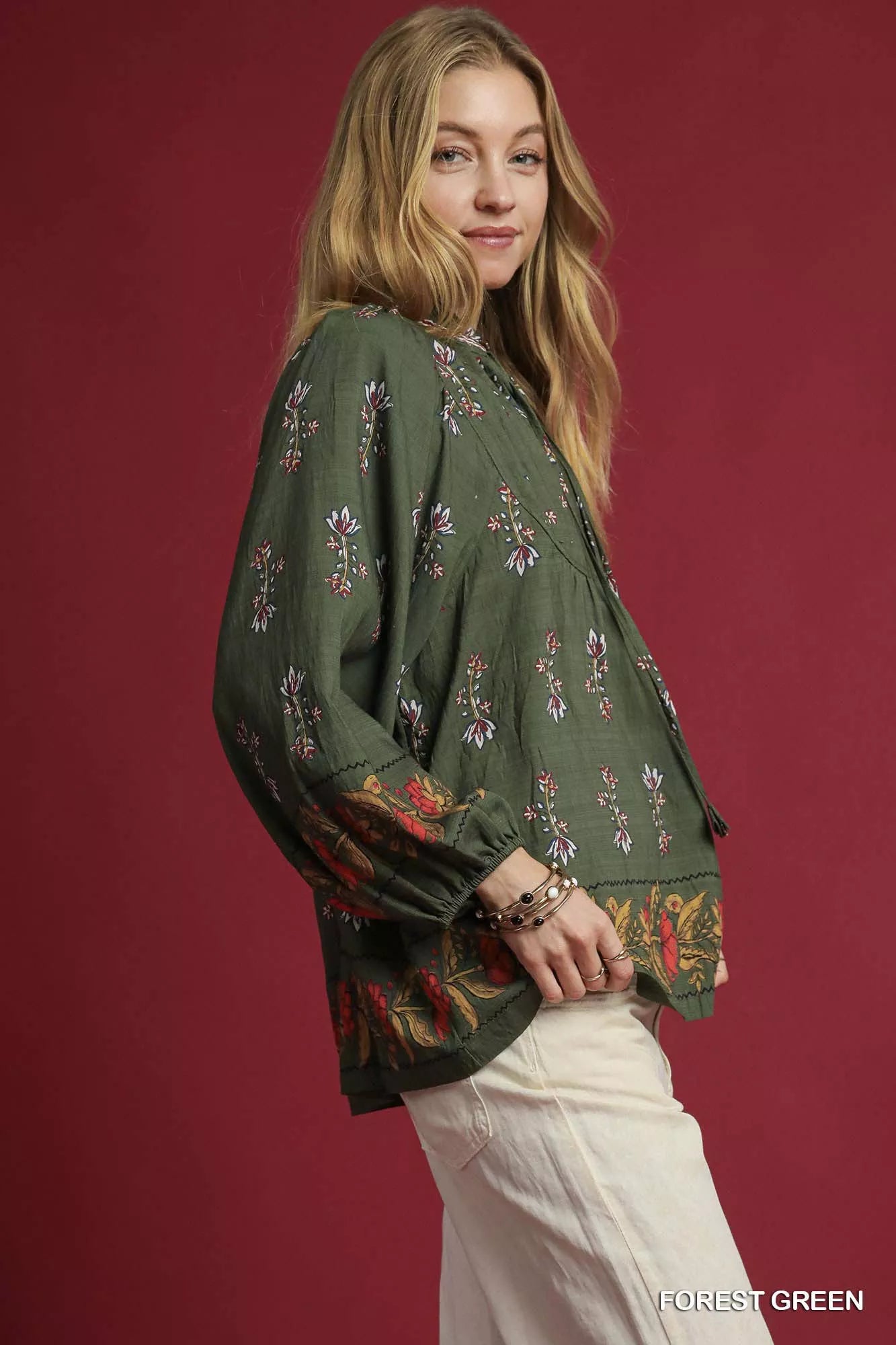 Umgee Forest Green Floral Boho Peasant Blouse