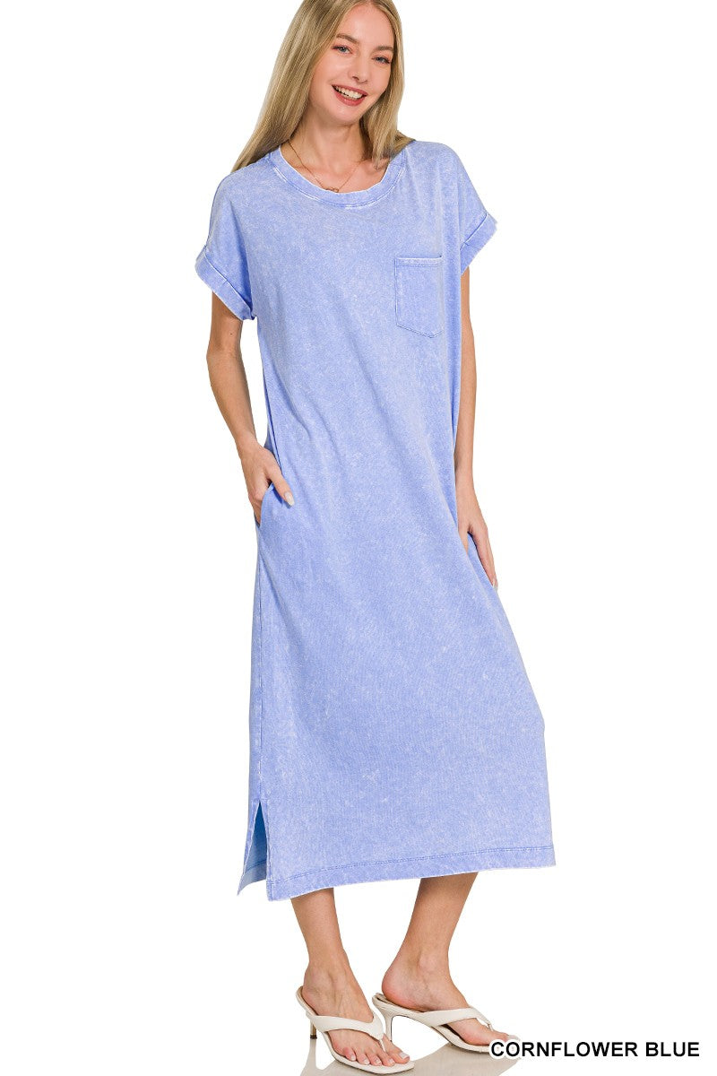 Zenana Cornflower Blue Acid Washed Exposed Seam Short Sleeve T-Shirt Dress CORNFLOWER BLUE