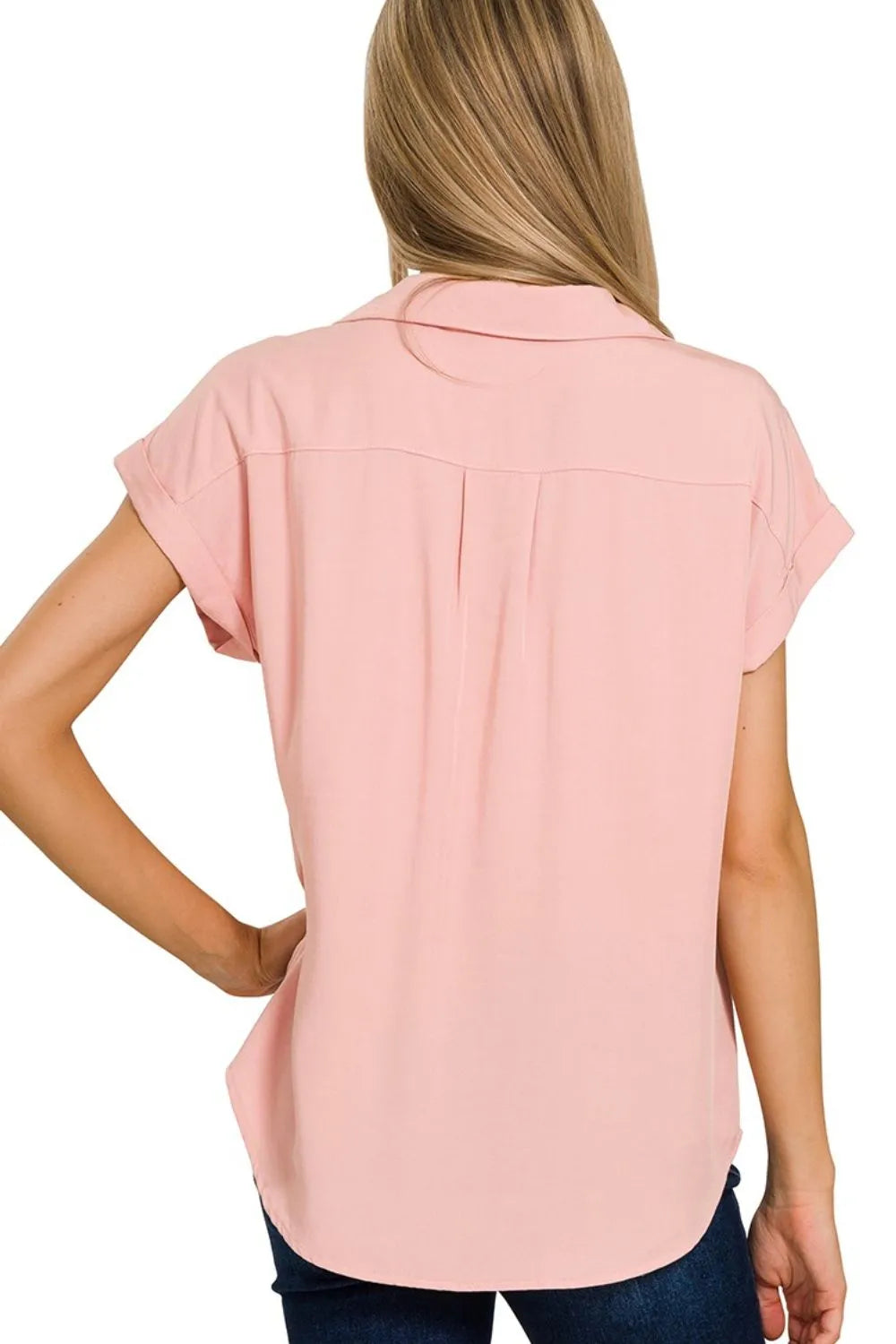Zenana Light Rose Tencel V-neck Collared Top W Front Flap Pockets