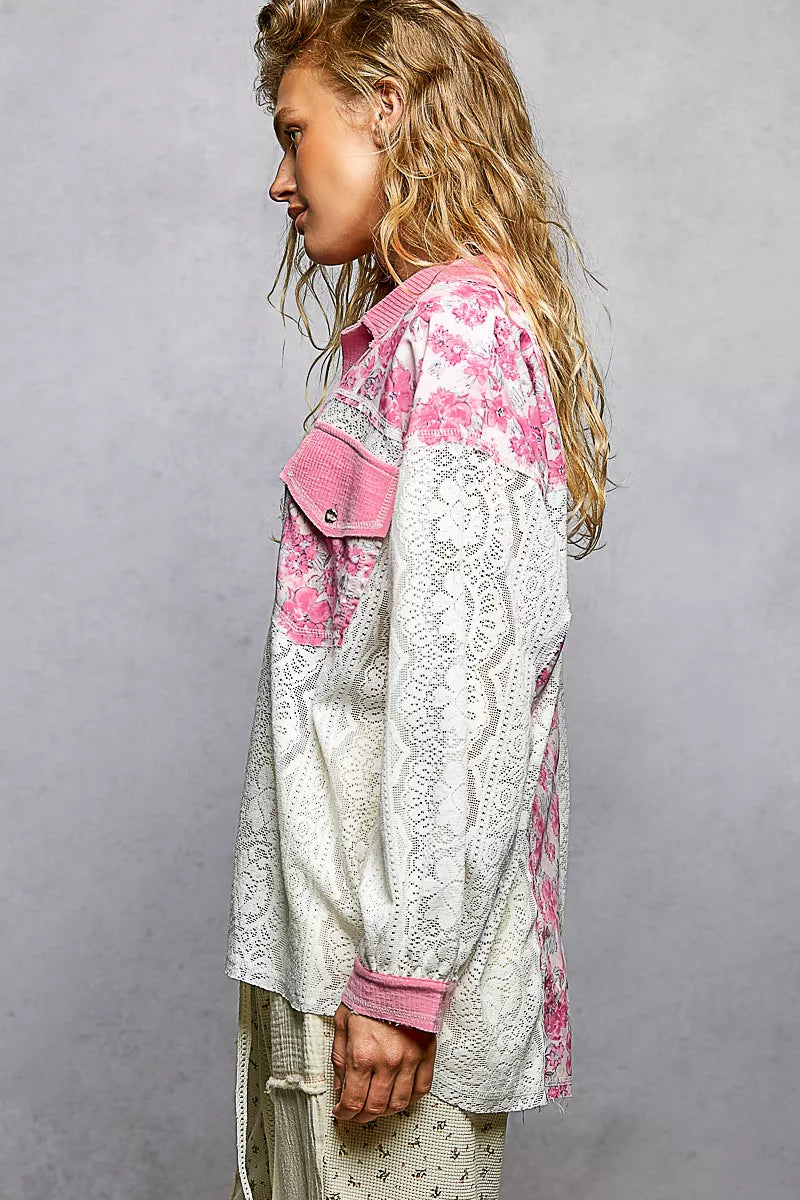 POL Candy Pink Floral Print Long Sleeve Lace Shirt with Front Pocket