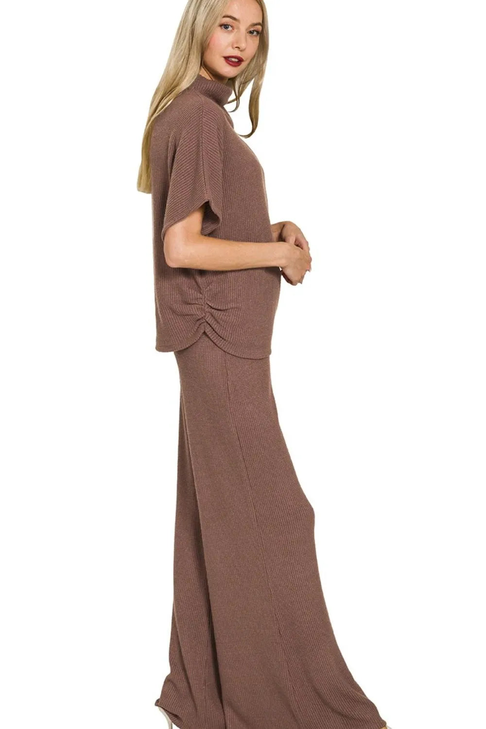 Zenana Brown Sweater Mock Neck Top & Long Pants Set