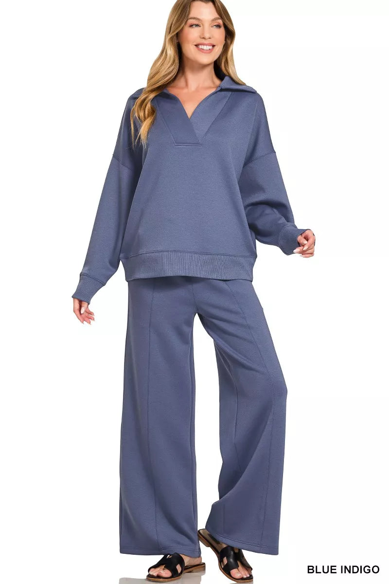 Zenana Blue Indigo Scuba Collared Pullover and Pants Set BLUE INDIGO