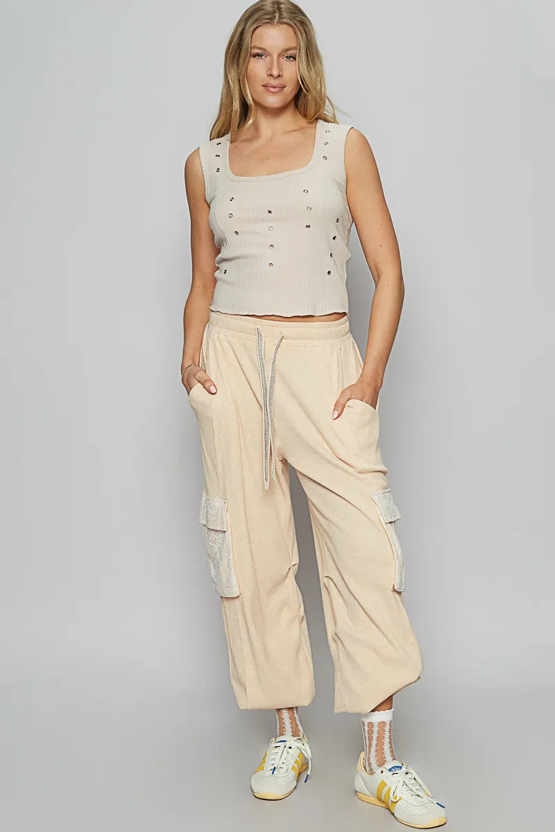 POL Apricot Contrast Lace Overlay Pocket Patch Thermal Knit Joggers