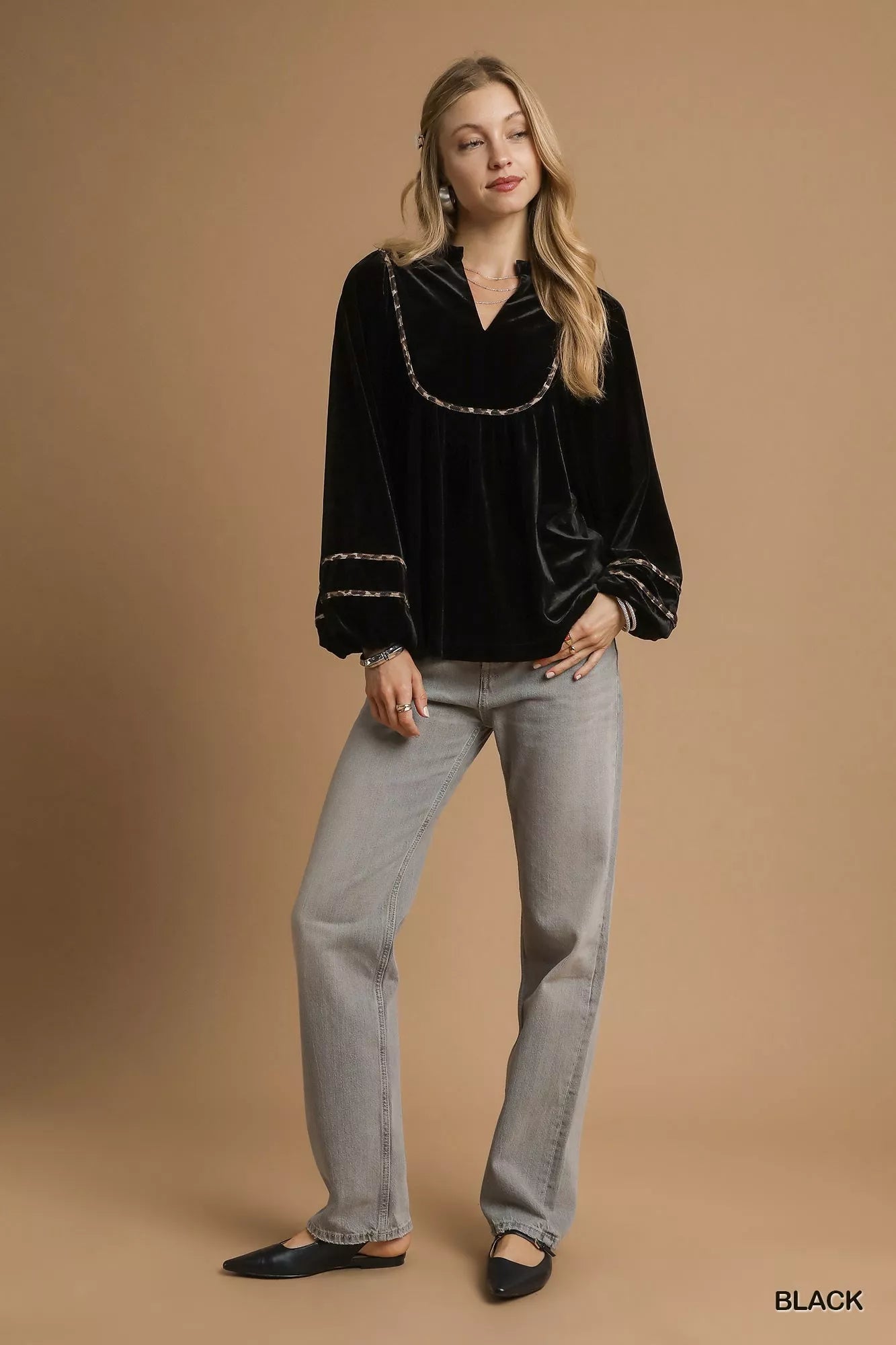 Umgee Black Velvet Long Sleeve Blouse with Leopard Contrast Trim