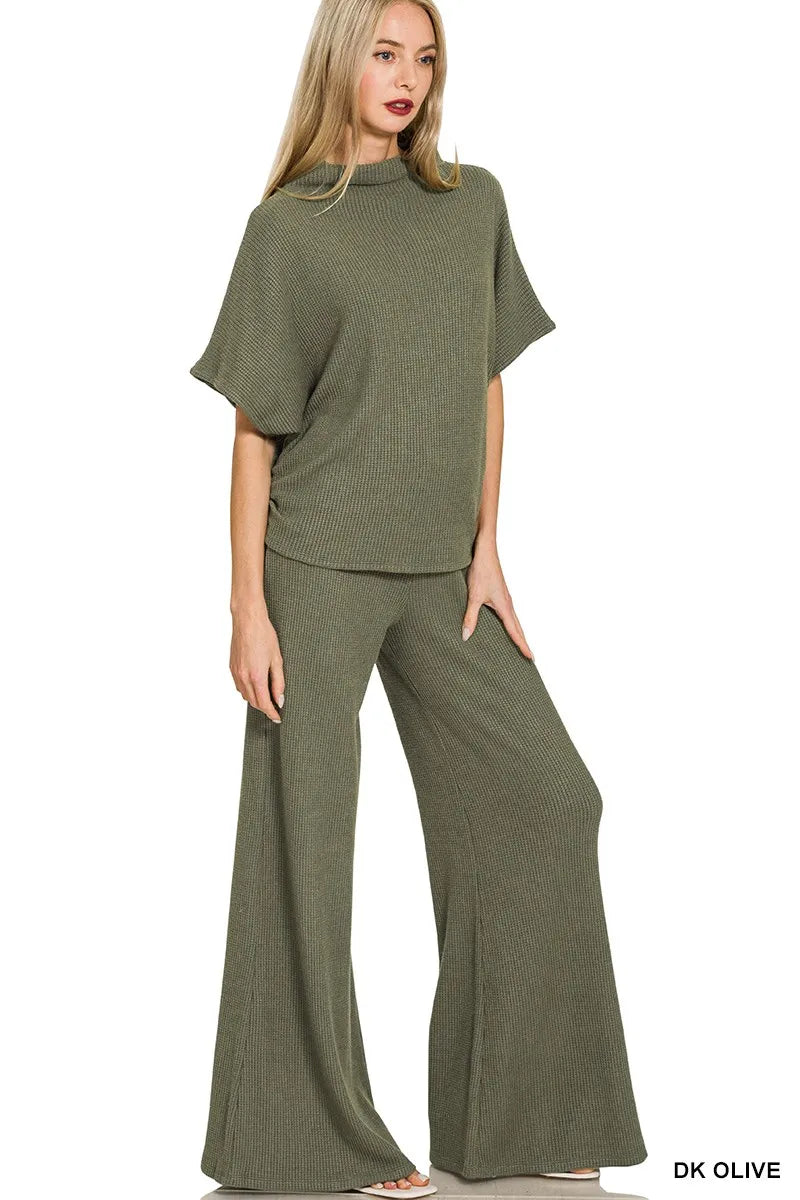Zenana Dark Olive Mock Neck Top and Pants Sweater Set