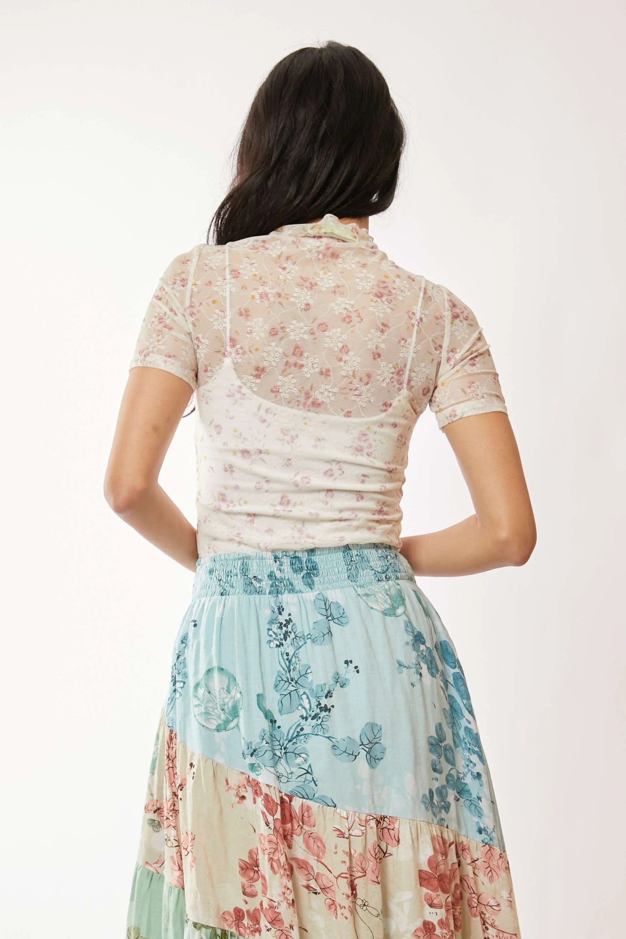 Davi & Dani Floral Mesh Mock Neck Short Sleeve Top