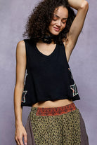 POL Black Star Patch V-Neck Cropped Ribbed Tank
