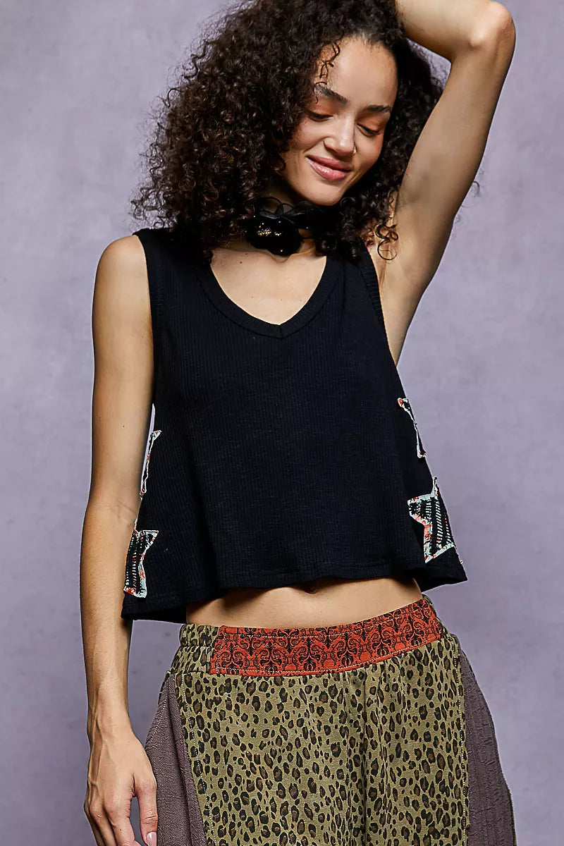 POL Black Star Patch V-Neck Cropped Ribbed Tank
