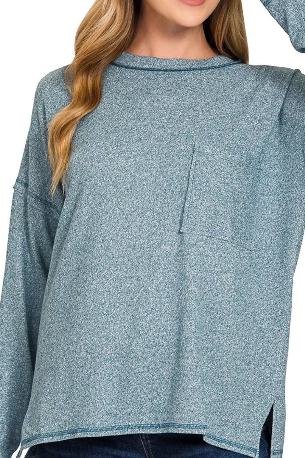Zenana Teal Soft Melange Hacci Round-Neck Long Sleeve T-Shirt