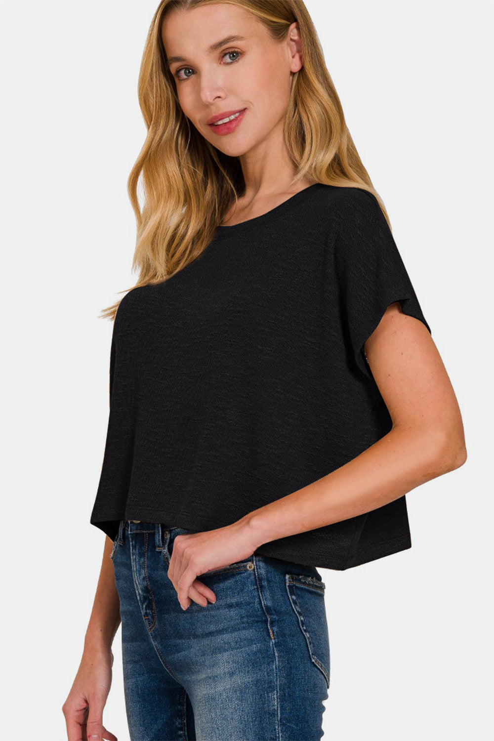 Zenana Black Round Neck Short Sleeve Crop T-Shirt