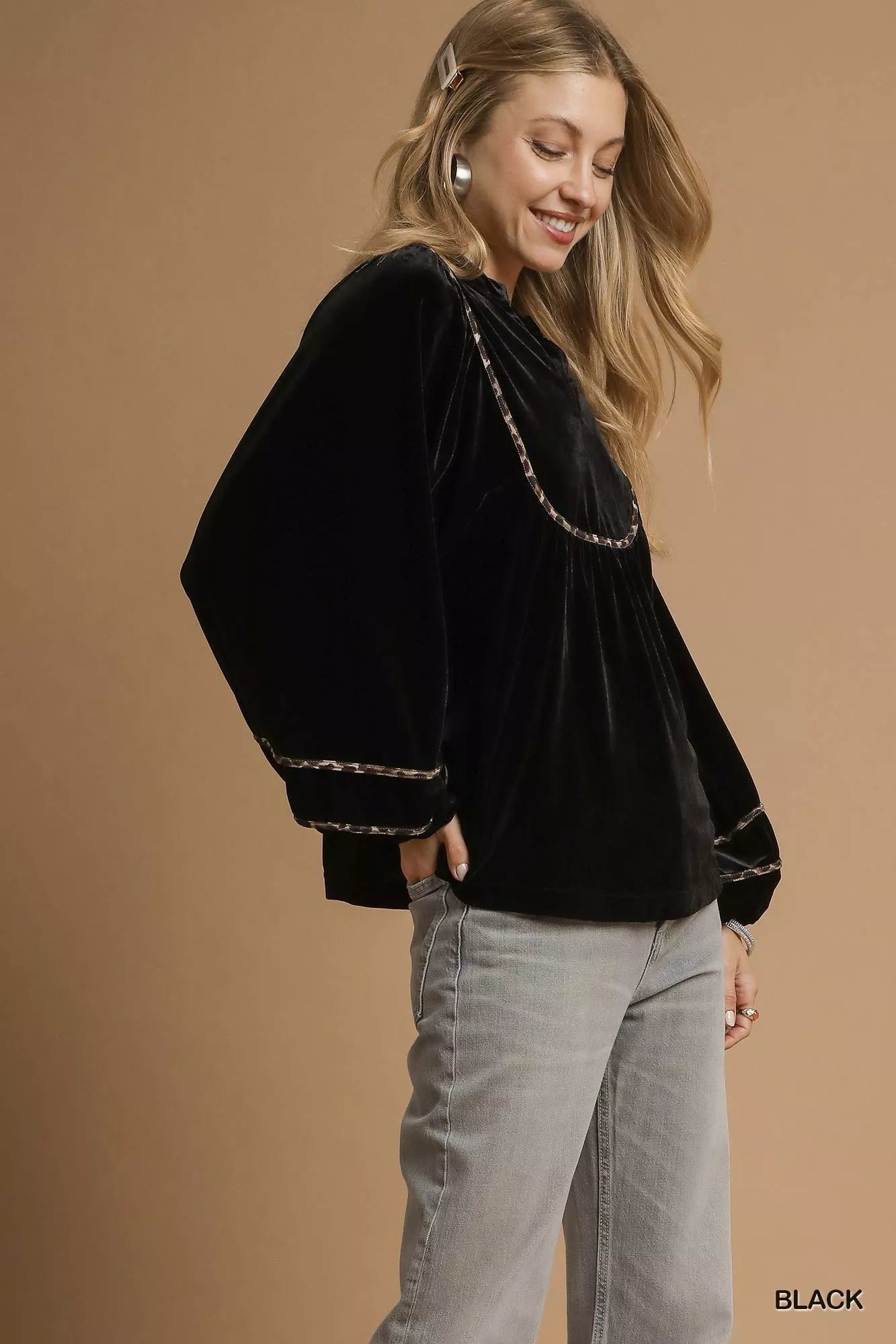 Umgee Black Velvet Long Sleeve Blouse with Leopard Contrast Trim