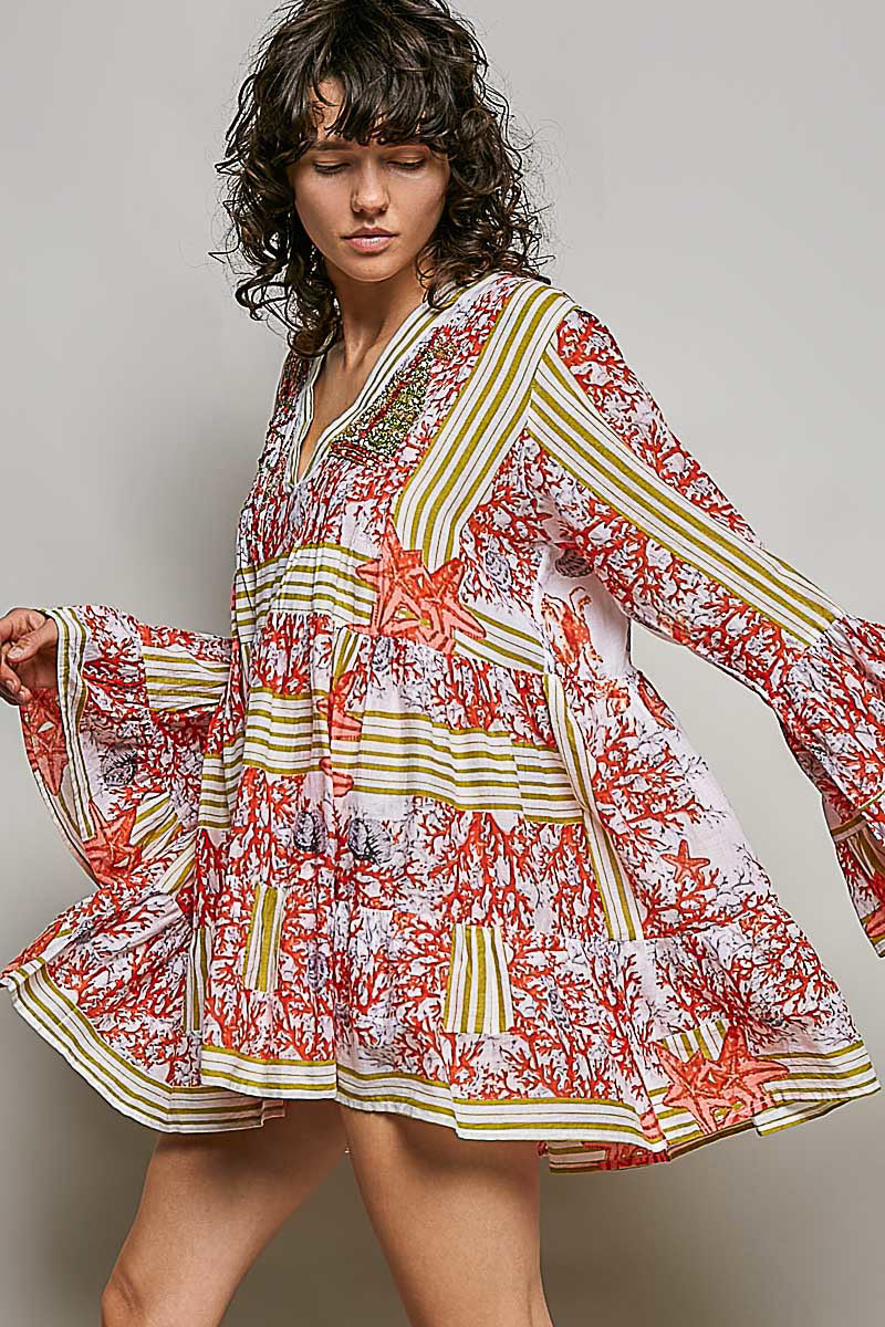 POL Ivory/Red Striped Floral Long Sleeve Mini Dress with Pintuck Detail