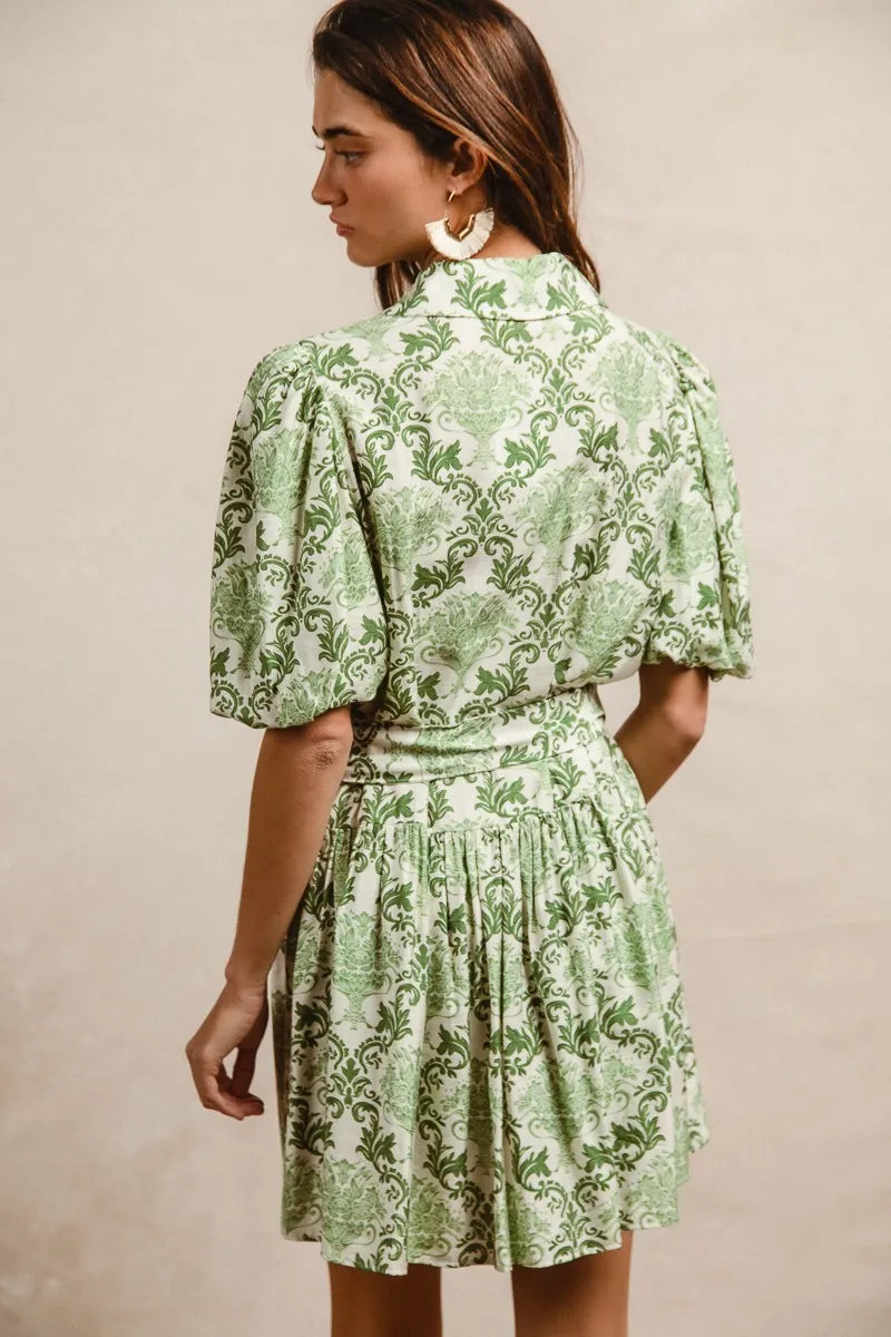 BiBi Tied Floral Short Sleeve Mini Shirt Dress in Green & Cream