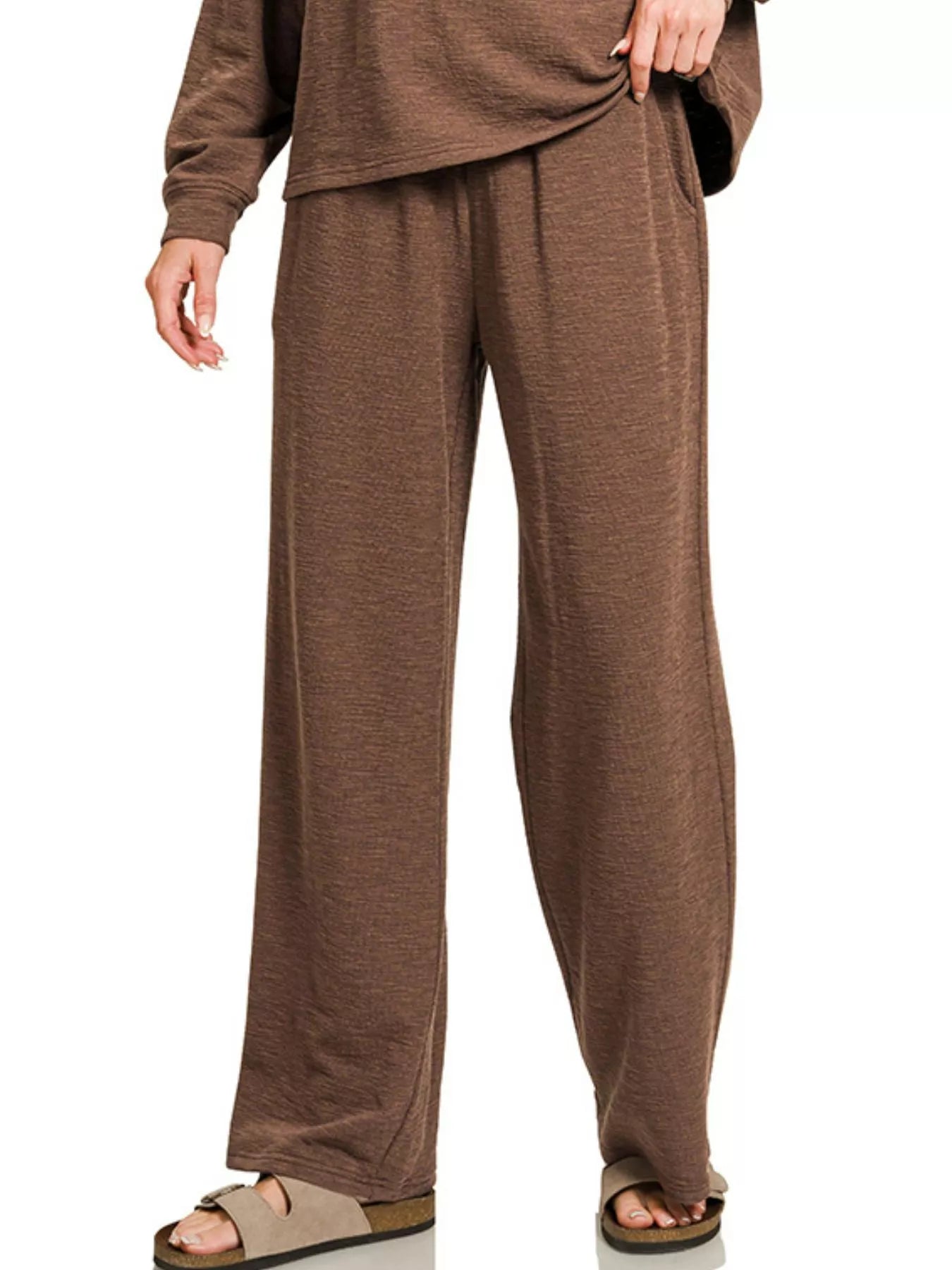 Zenana Brown Slub Long Sleeve Top and Pants Lounge Set
