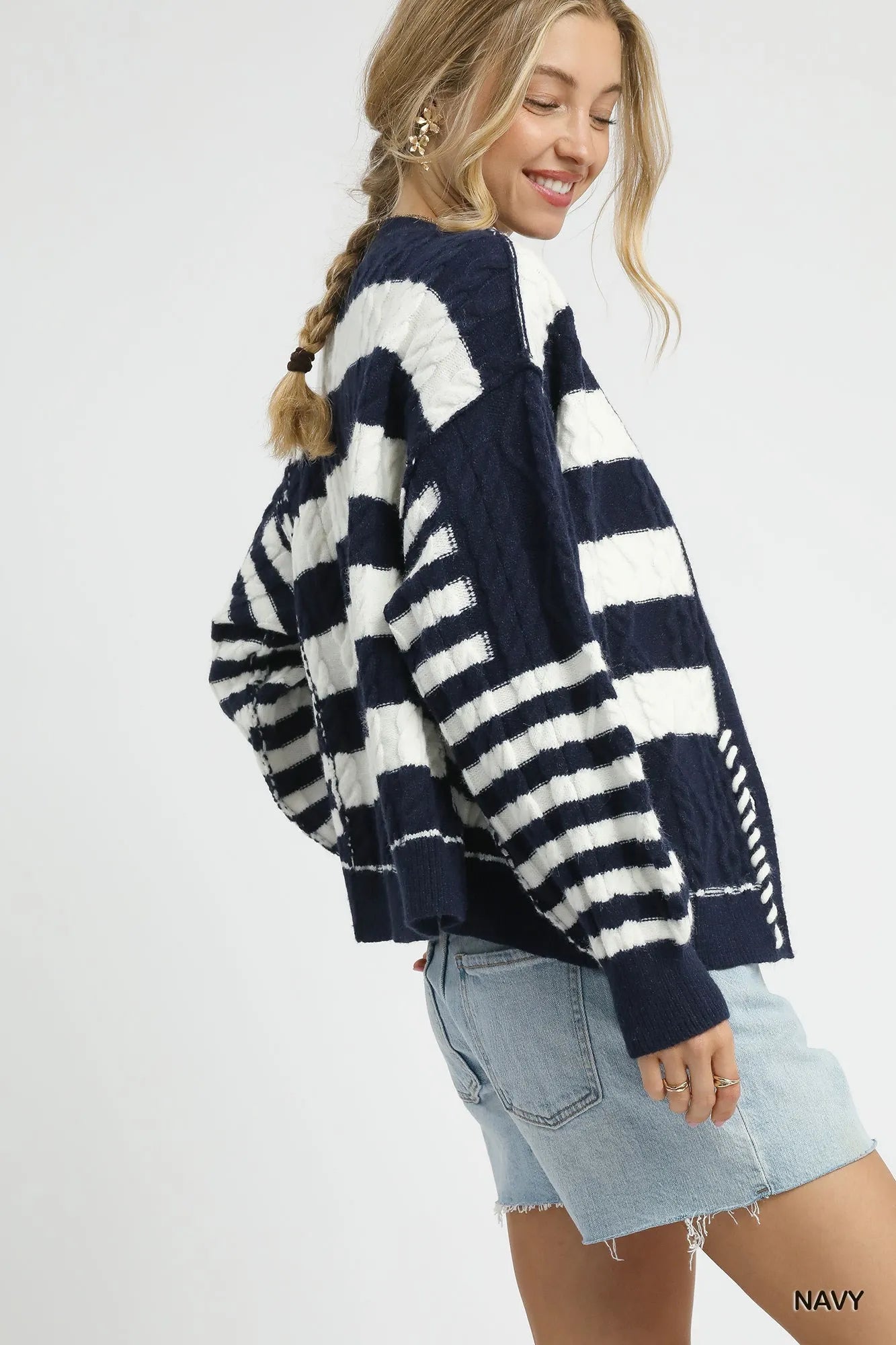 Umgee Navy & Ivory Cable-Knit Stripe Button-Up Cardigan