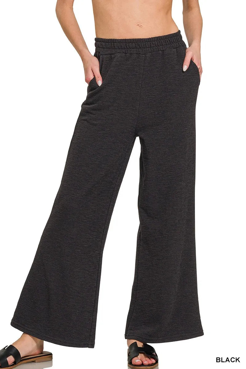 Zenana Black Cotton Slub Wide Leg Pants BLACK