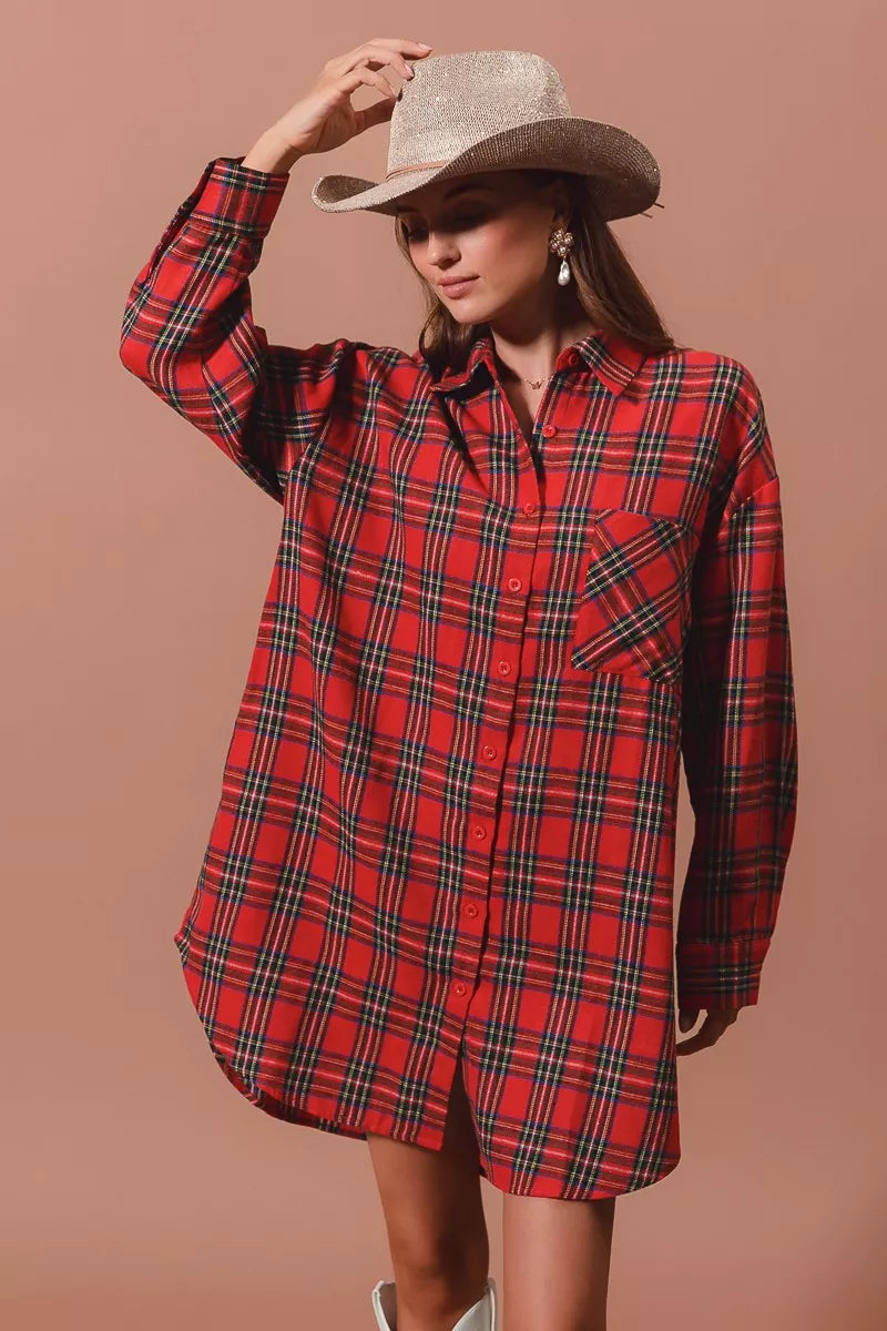 SO ME Christmas Checker Plaid Button Up Shirt Dress – Red Multi RED MULTI