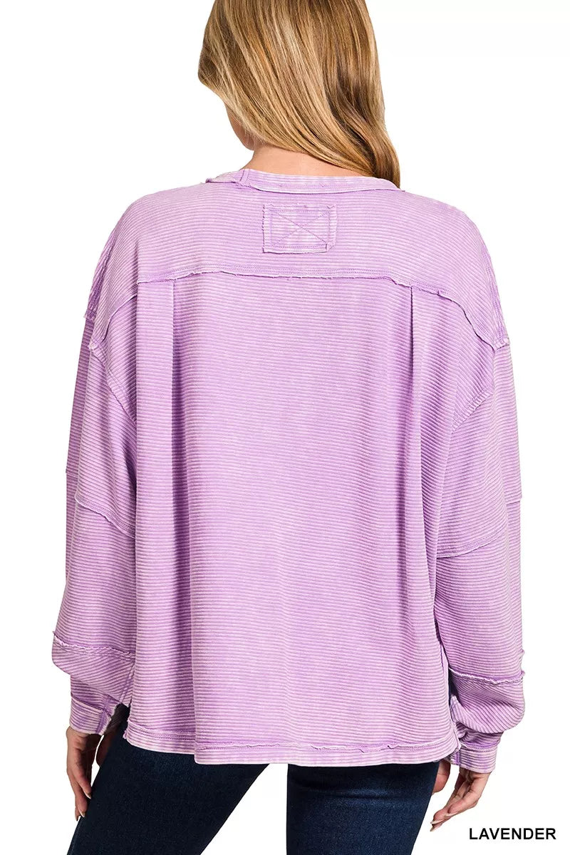 Zenana Lavender Acid Washed Double Ribbed Exposed-Seam Sweatshirt