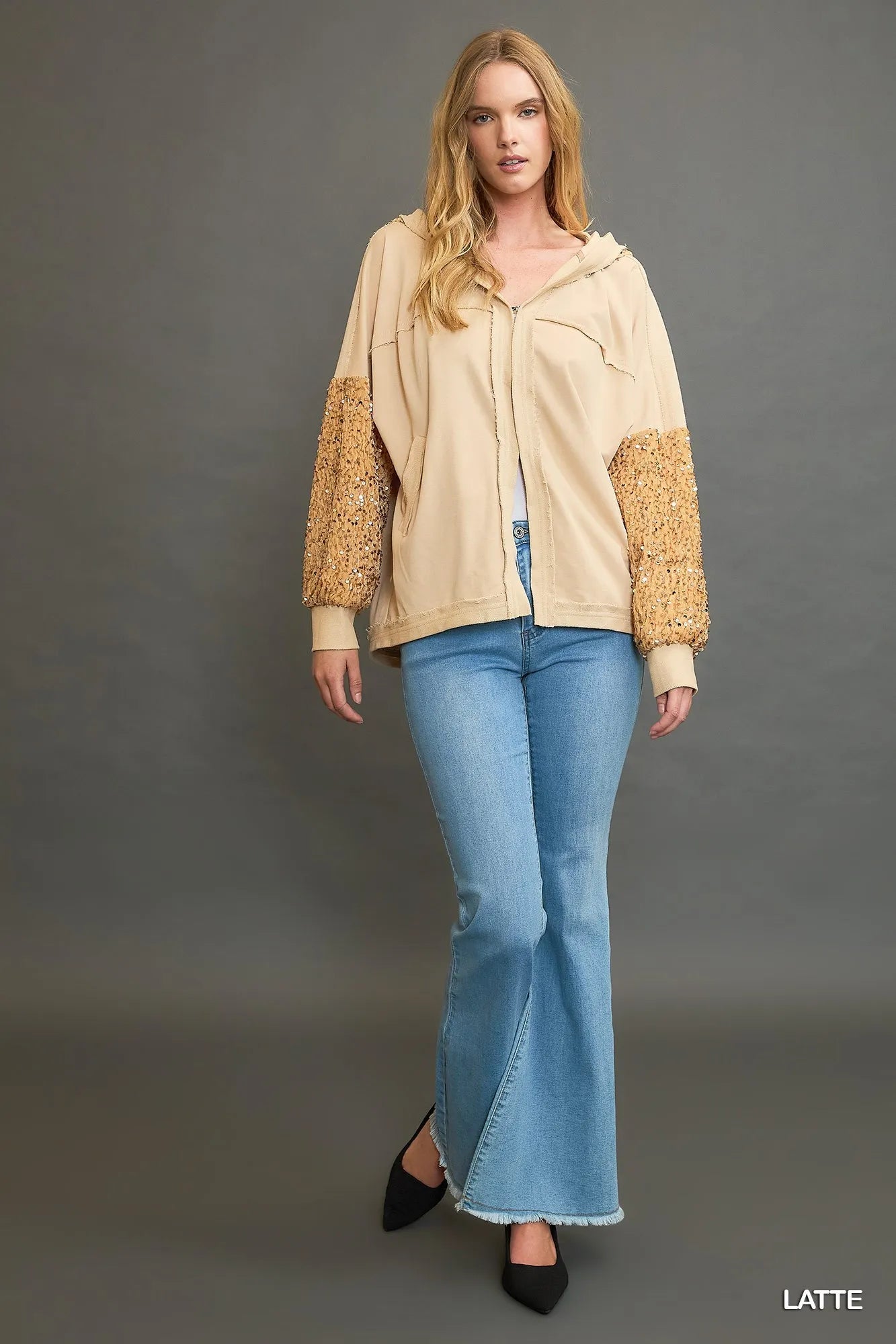 Umgee Latte Sequined French Terry Jacket