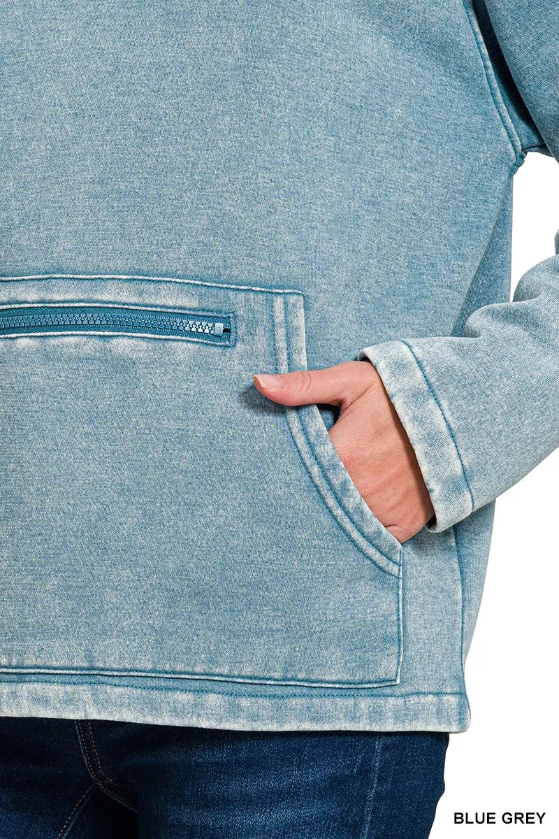 Zenana Blue Grey Fleece Washed High Neck Kangaroo Pocket Sweatshirt