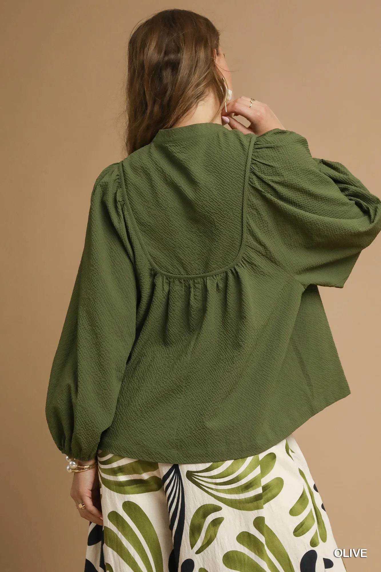Umgee Olive Textured Notched Blouse with Balloon Sleeves