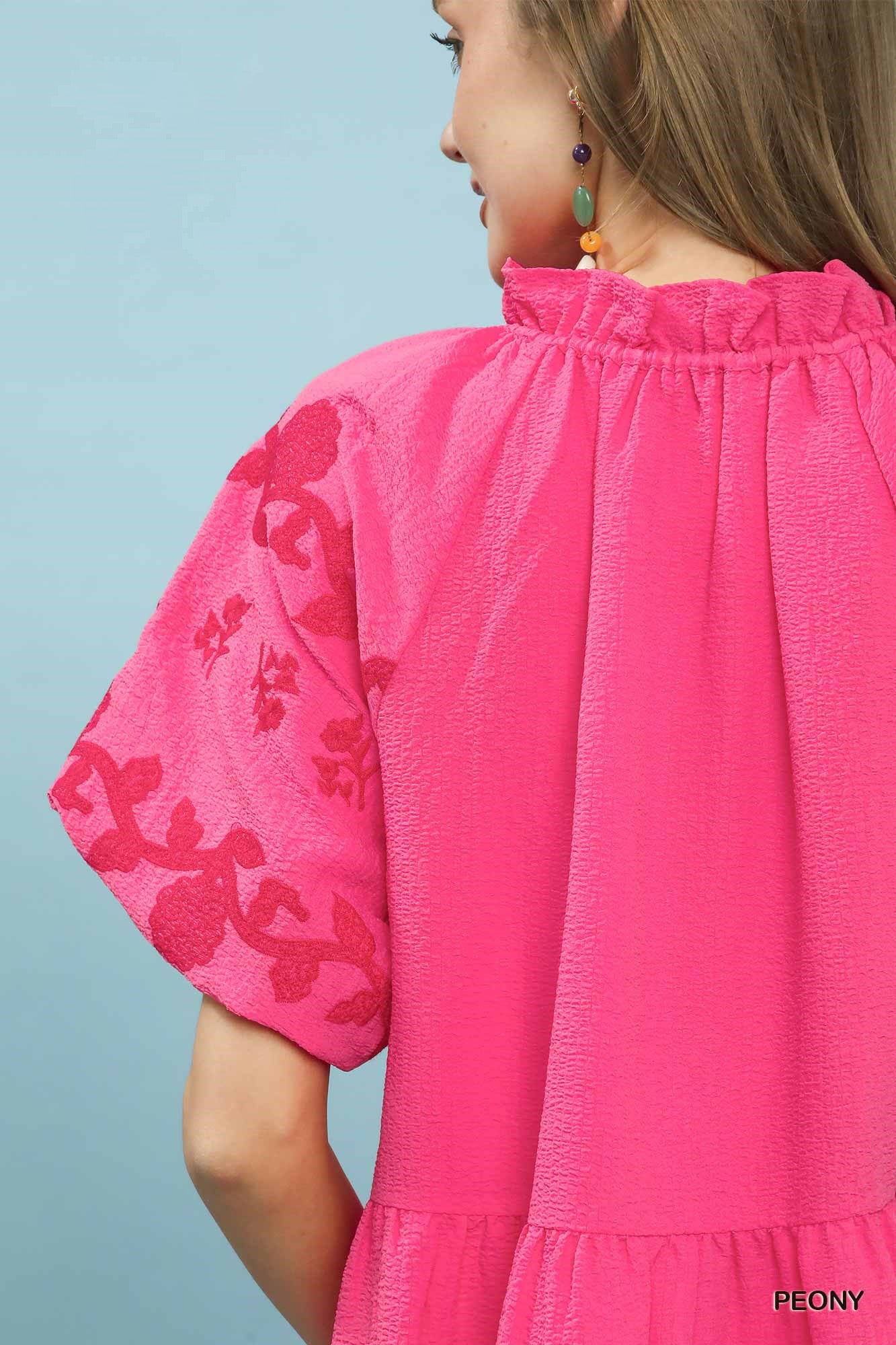 Umgee Peony Embroidered Tiered Puff Sleeve Mini Dress