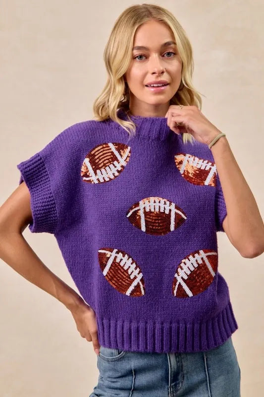 BiBi Purple Game Day Sequin Football Patches Rib Banded Sweater