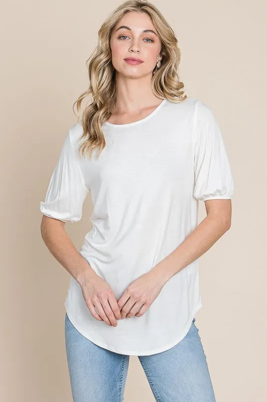 BOMBOM Ivory Round Neck Puff Sleeve T-Shirt
