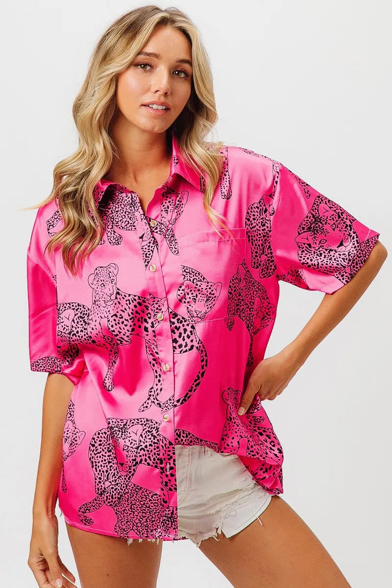 BiBi Fuchsia Leopard Print Short Sleeve Silky Satin Shirt Blouse