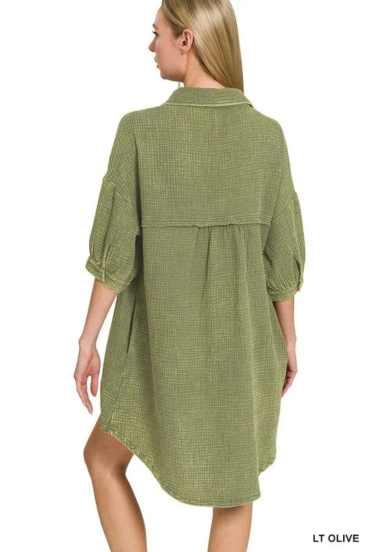 Zenana Light Olive Washed Double Gauze Button Down Shirt Dress