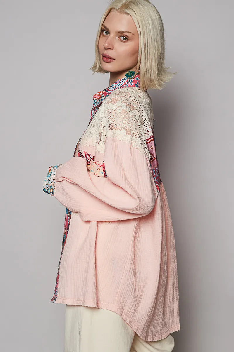 POL Pink Multi Lace Patchwork Floral Trim Double Gauze Long Sleeve Shirt