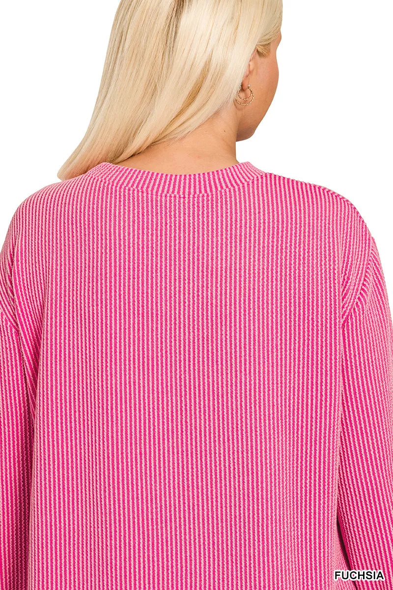 Zenana Fuchsia Raised Rib Round Neck Long Sleeve Top