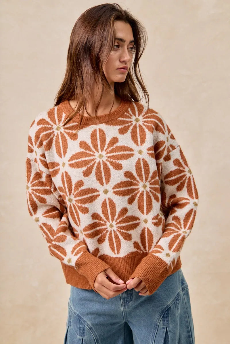 BiBi Rust & Ivory Flower Pattern Long Sleeve Sweater