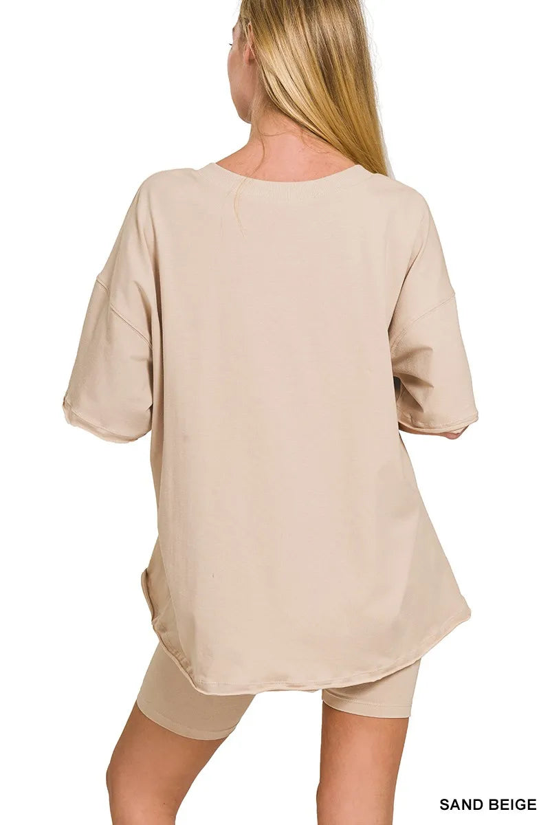 Zenana Sand Beige Cotton V-neck Top & Biker Shorts Set