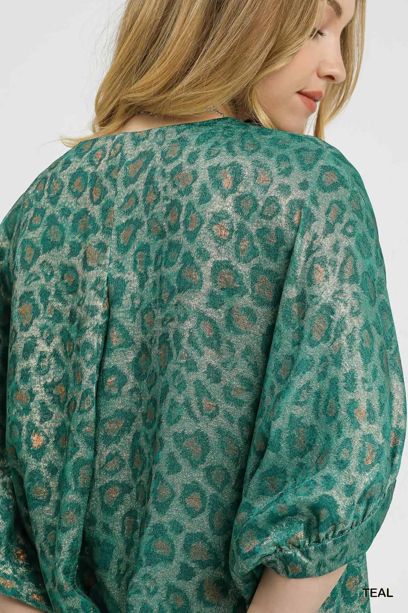 Umgee Teal Metallic Leopard Print V-Neck Kimono Dress