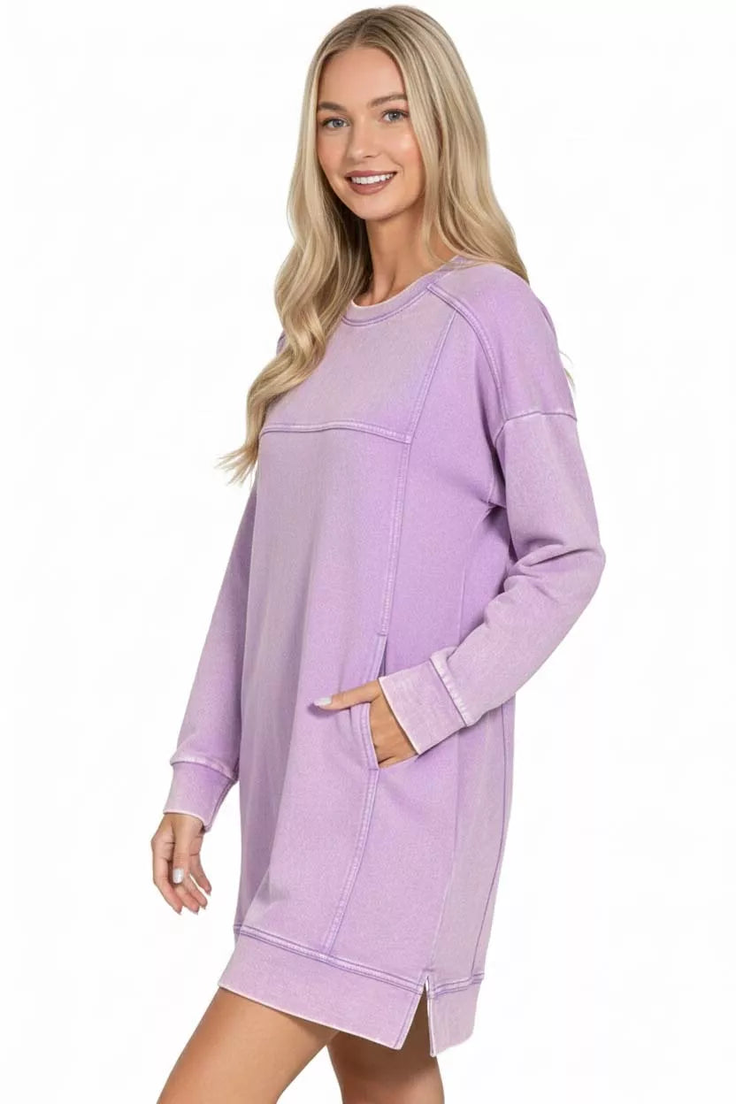 Zenana Lavender French Terry Acid Washed Dress with Pockets